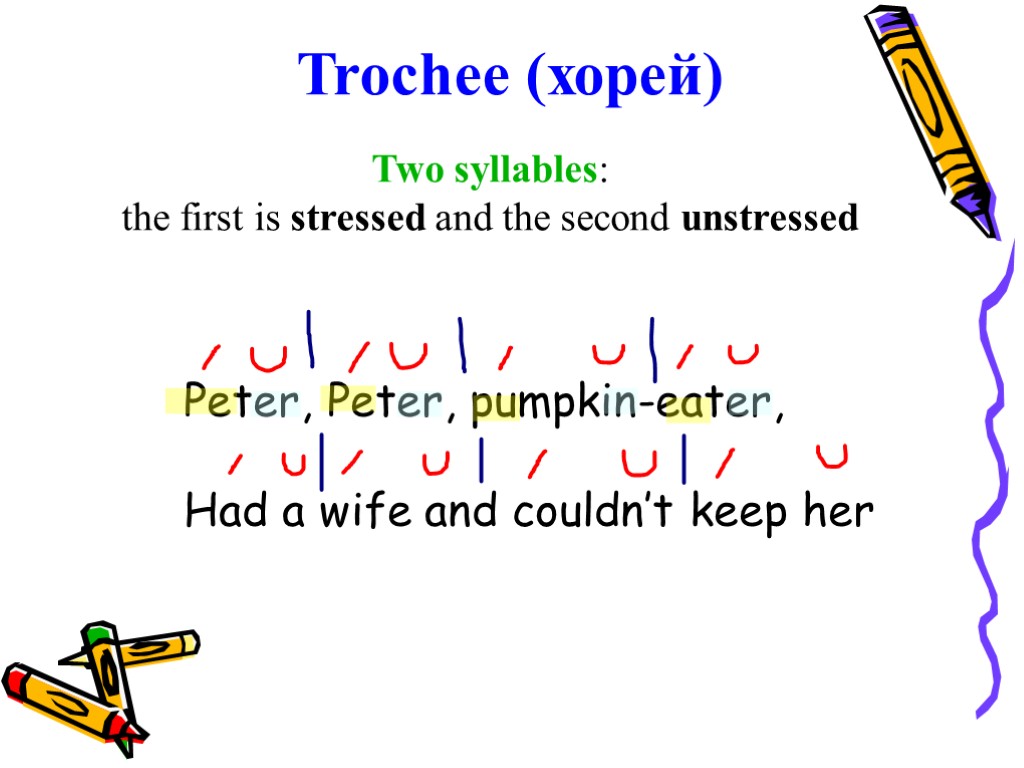 Trochee (хорей) Two syllables: the first is stressed and the second unstressed Peter, Peter,